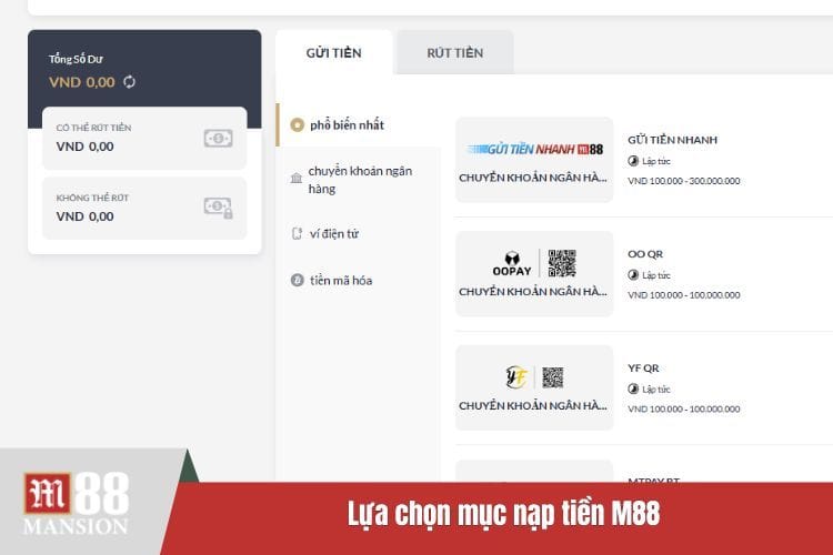 Lựa chọn mục nạp tiền M88