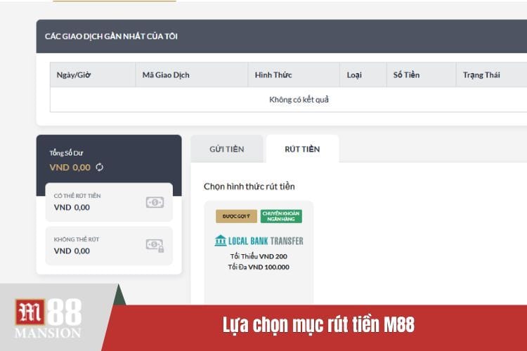 Lựa chọn mục rút tiền M88